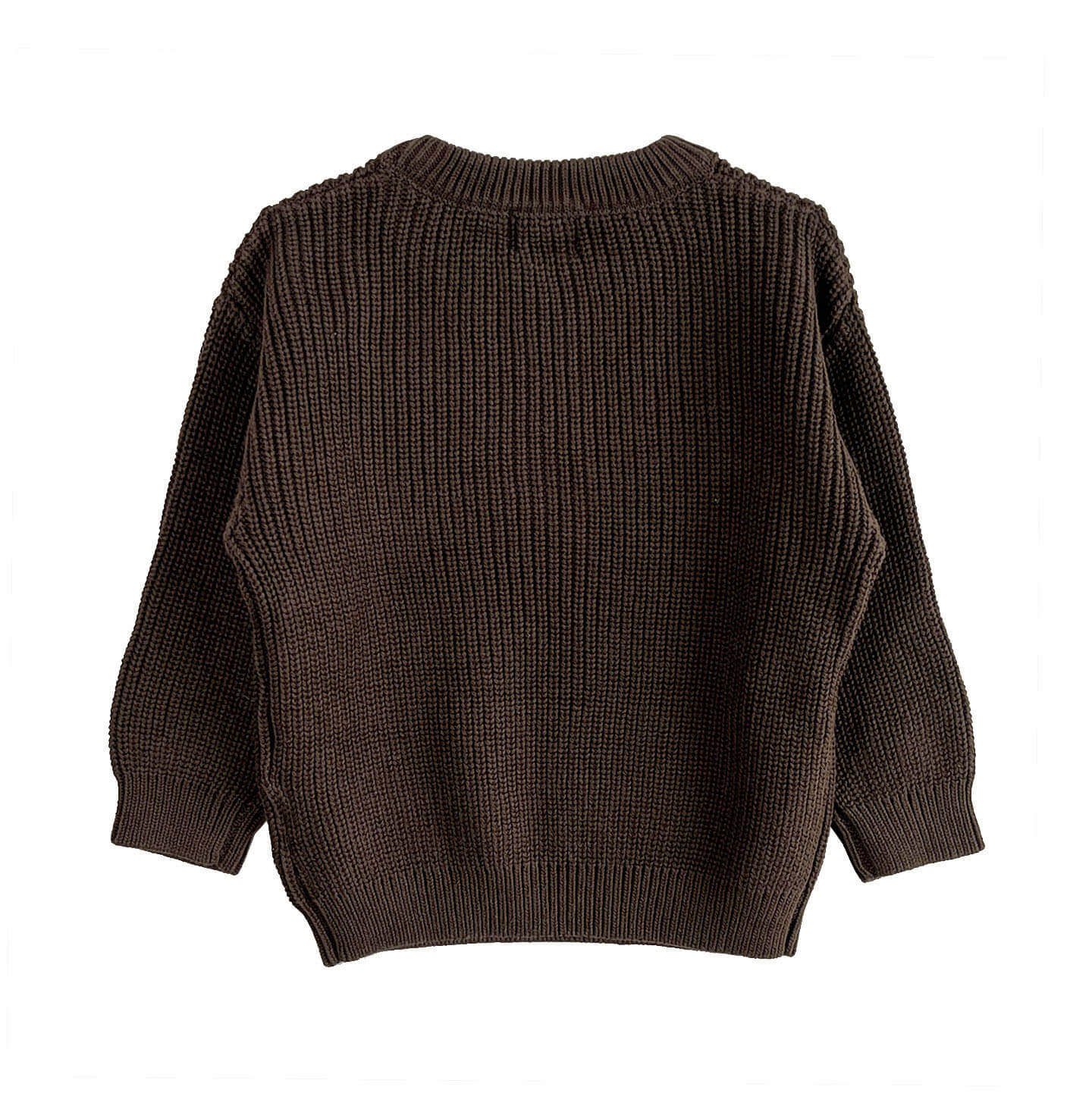 back view of toddler’s 100% organic cotton chunky crew knit jumper in cocoa, designed for a relaxed fit