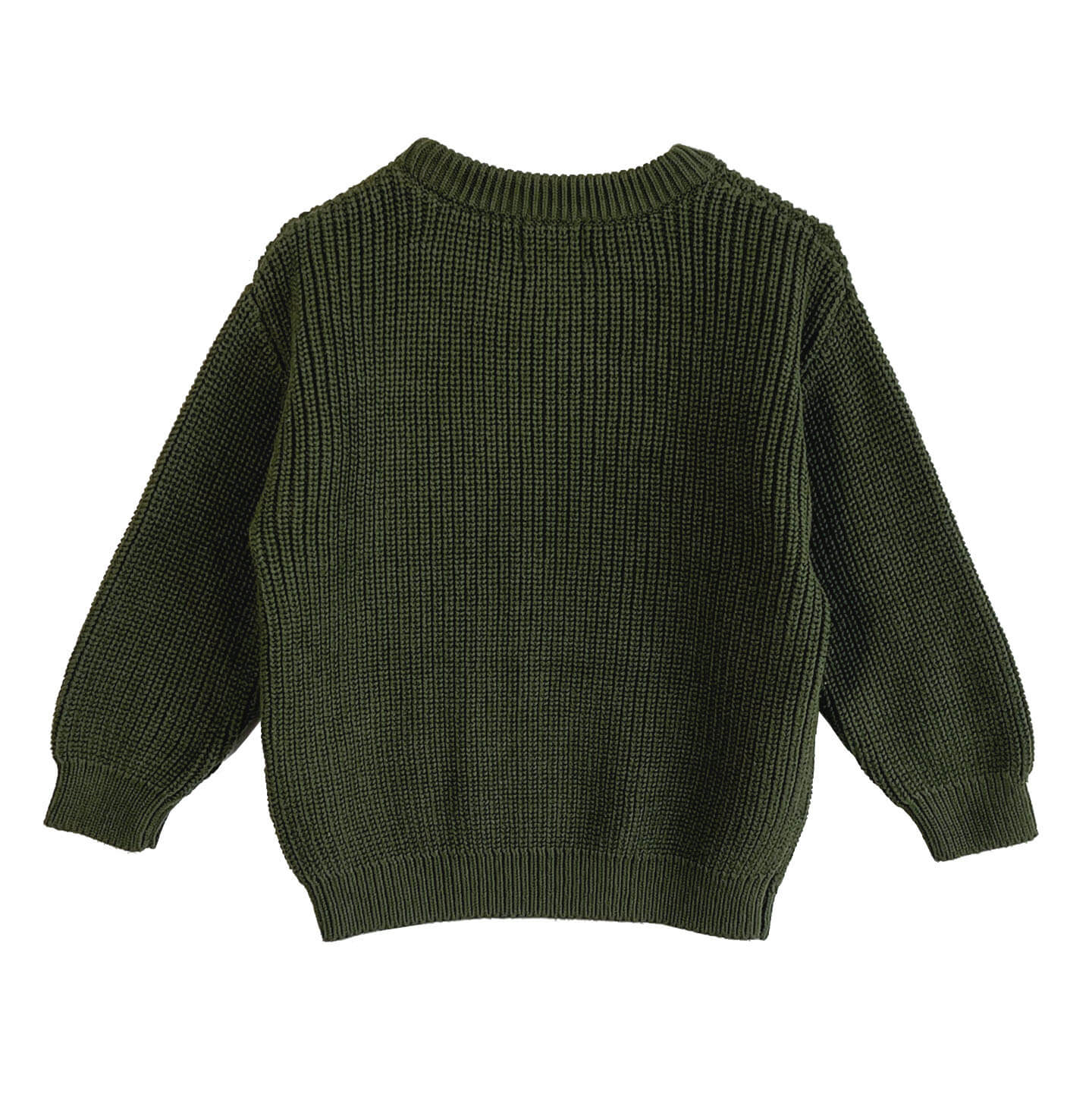 back view of chunky crew knit jumper in forest green for toddlers, made from 100% organic cotton and perfect for layering