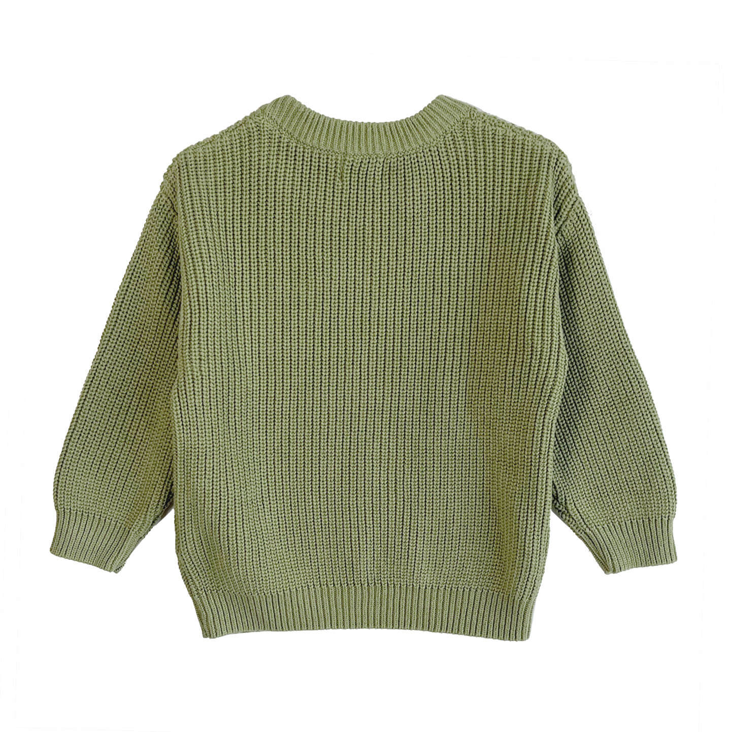 back of chunky crew knit jumper in moss for toddlers, designed for comfort and warmth in 100% organic cotton