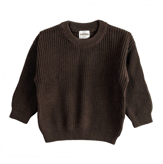 front view of chunky crew knit jumper in cocoa for toddlers, made with super soft, 100% organic cotton knit fabric