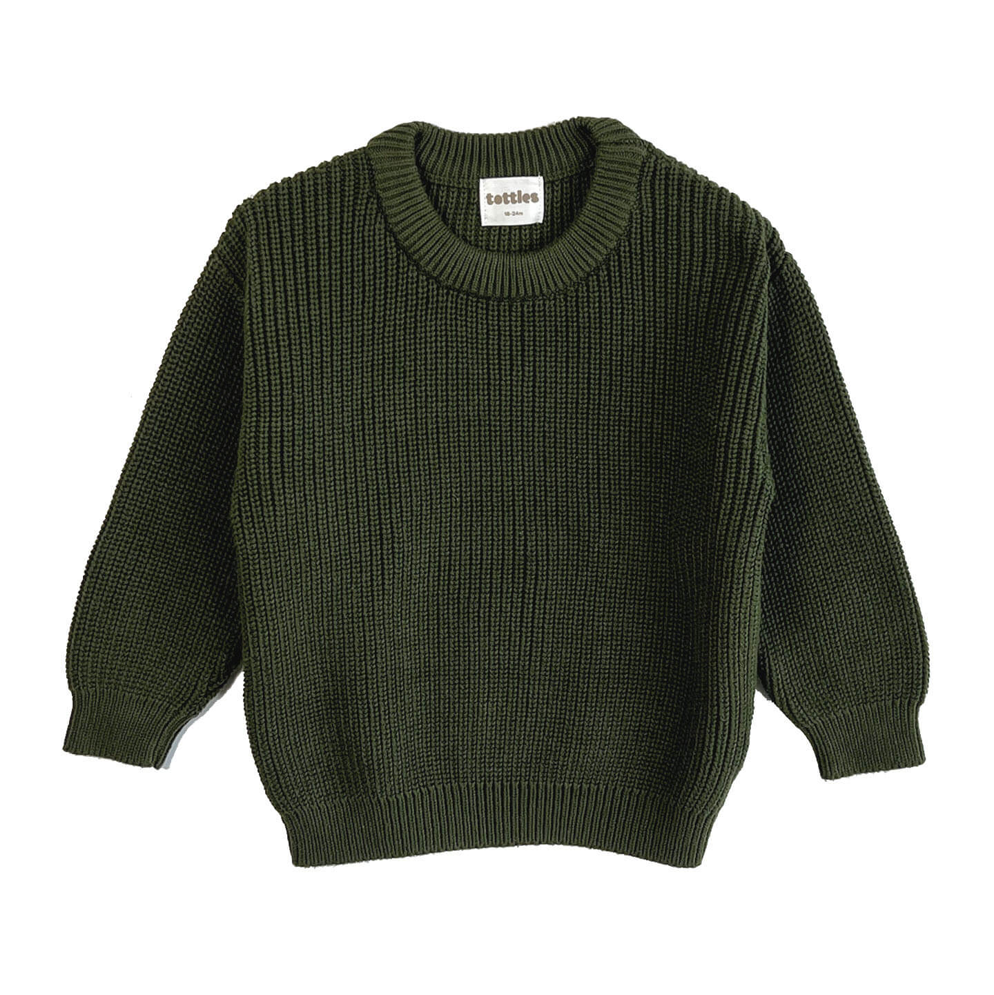 front view of chunky crew knit jumper in forest green for toddlers, perfect for mix and match outfits and made with soft, breathable fabric