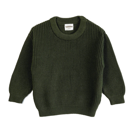 front view of chunky crew knit jumper in forest green for toddlers, perfect for mix and match outfits and made with soft, breathable fabric