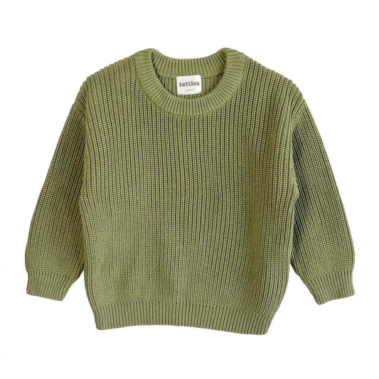 front view of chunky crew knit jumper in moss for toddlers, made from super soft and durable 100% organic cotton