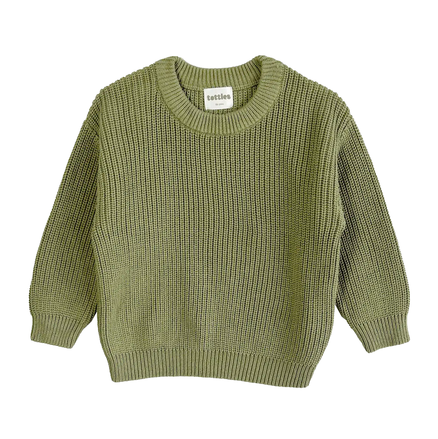 chunky crew knit jumper in moss for toddlers, soft and cozy with a relaxed fit in 100% organic cotton