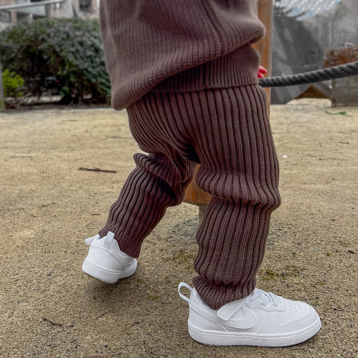 toddler wearing mix & match chunky knit leggings in cocoa, comfortable and stylish for a day of play