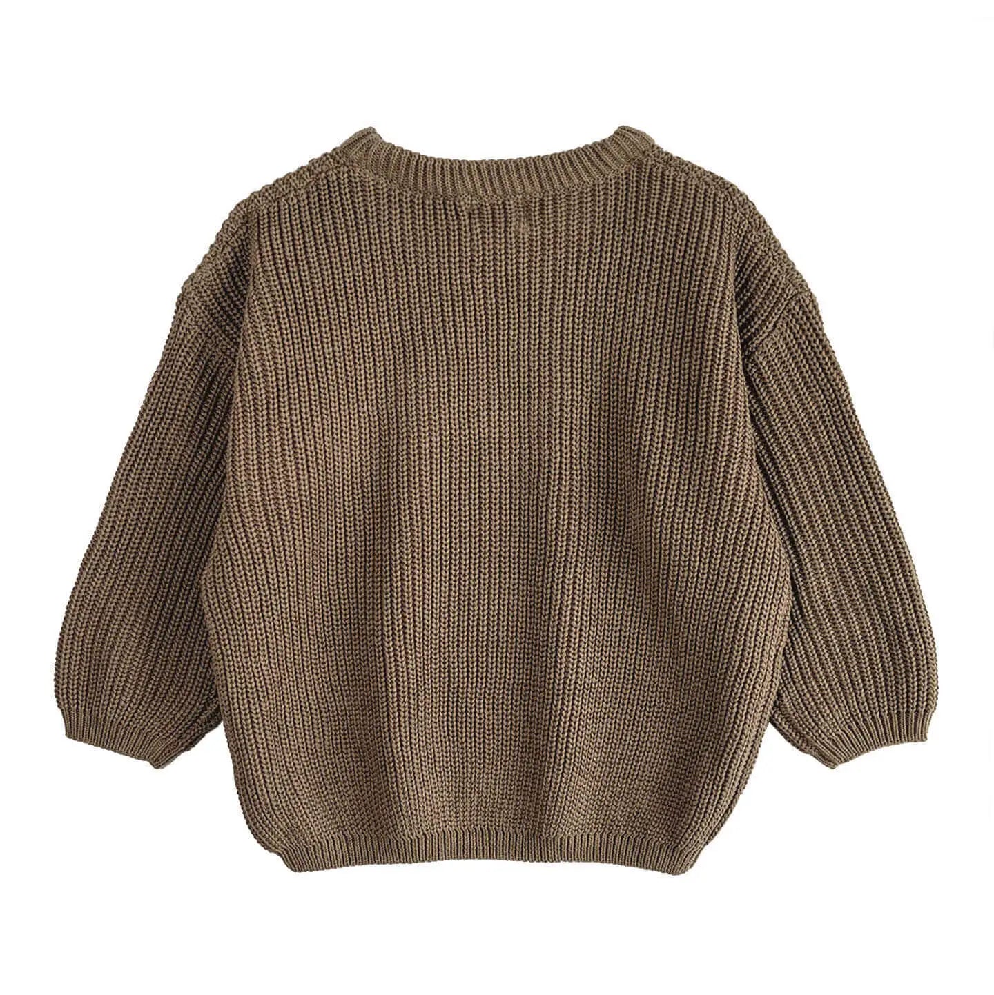 back view of cozy oversized chunky knit jumper in acorn for toddlers, designed for mix and match outfitting