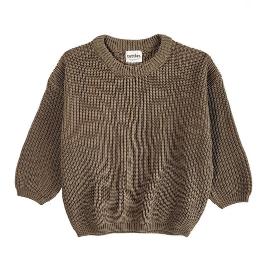 front view of oversized chunky knit jumper in acorn for toddlers, soft and cozy with a relaxed fit and great for creating endless mix & match outfits