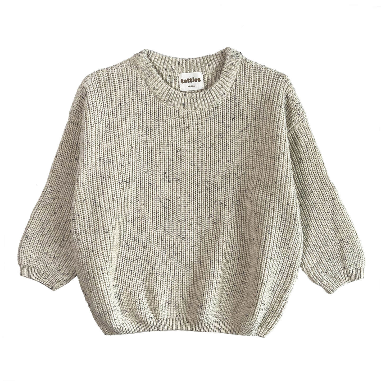 frosty speckle oversized chunky knit jumper for toddlers, showing the soft, 100% organic cotton fabric and relaxed silhouette