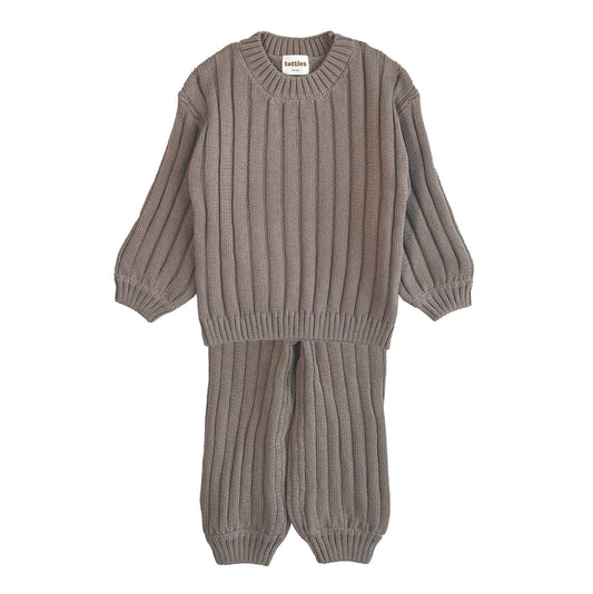 front view of the 100% organic cotton wide rib knit set in tottles beige, cozy and stylish for toddlers offering endless mix and match outfits